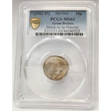 GREAT BRITAIN UK 1992 . TEN 10 PENCE . ERROR . STRUCK ON 5p PLACNHET